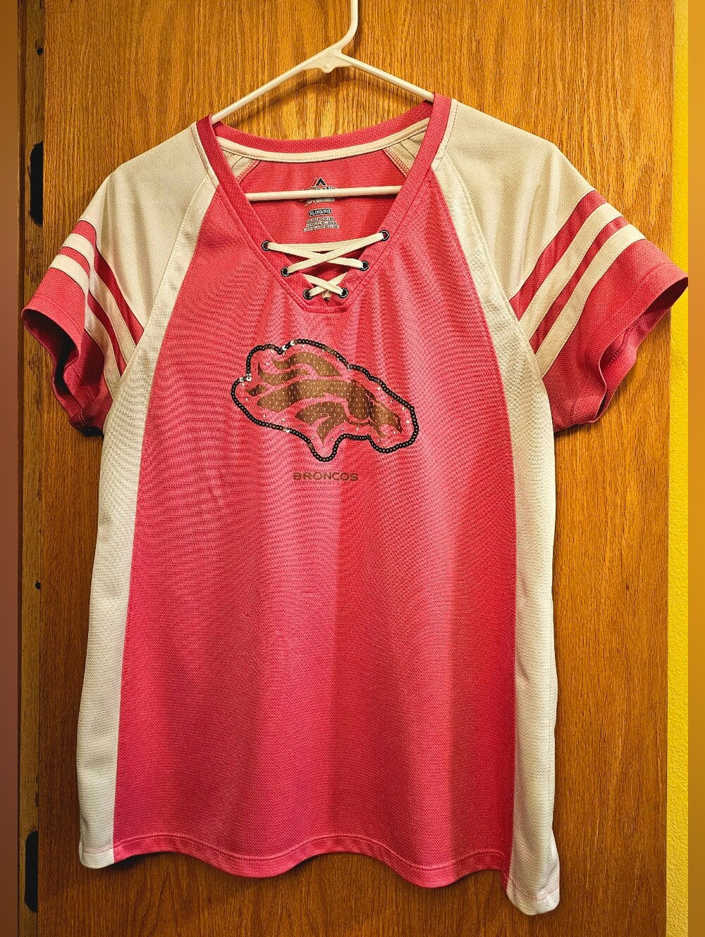 Denver Broncos Pink BCA Sequin Lace-Up Jersey Top Size XL Majestic NFL